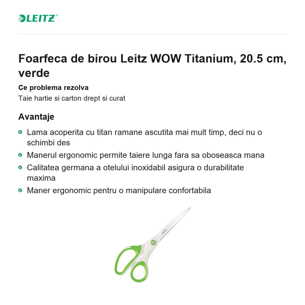 Foarfeca de birou Leitz WOW Titanium, 20.5 cm, verde [2]