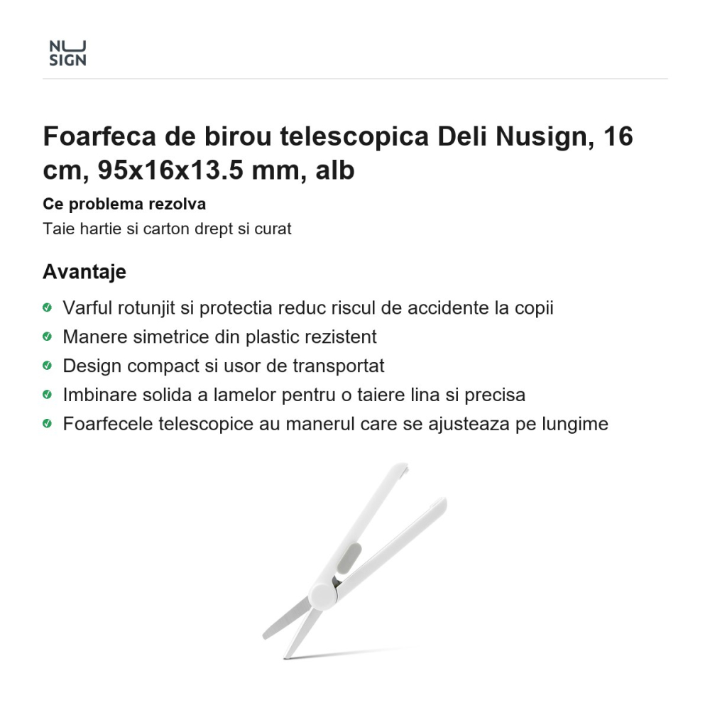 Foarfeca de birou telescopica Deli Nusign, 16 cm, 95x16x13.5 mm, alb [2]