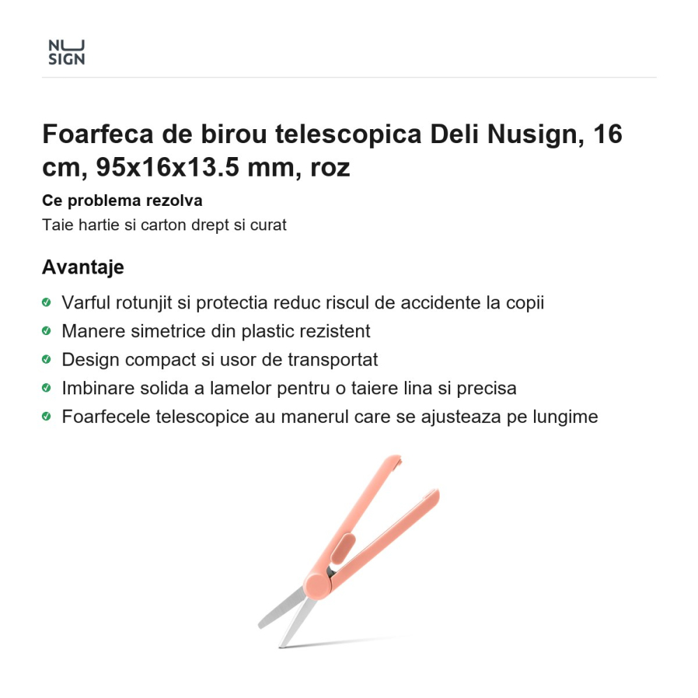 Foarfeca de birou telescopica Deli Nusign, 16 cm, 95x16x13.5 mm, roz [2]