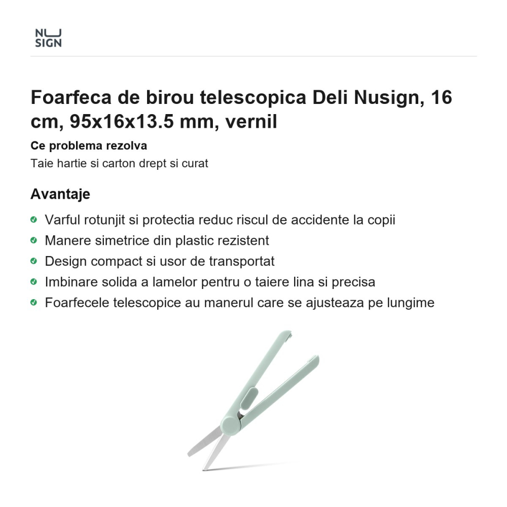 Foarfeca de birou telescopica Deli Nusign, 16 cm, 95x16x13.5 mm, vernil [2]