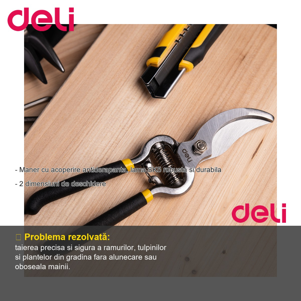 Foarfeca de gradinarit Deli 8", lama SK5 robusta, maner antiderapant, 2 dimensiuni de deschidere [2]