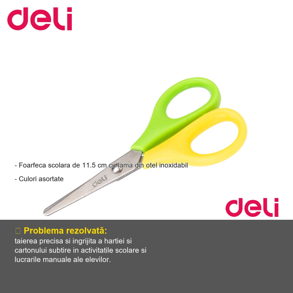 Foarfeca scolara Deli, lama din otel inoxidabil, 11.5 cm, bicolora, pentru elevi [2]