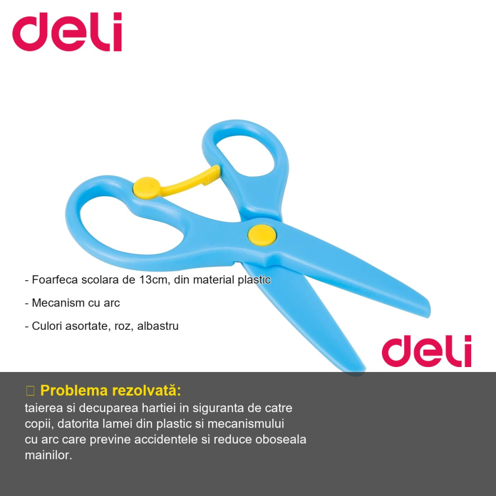 Foarfeca scolara Deli, lama plastic 13 cm, mecanism cu arc, pentru copii [2]