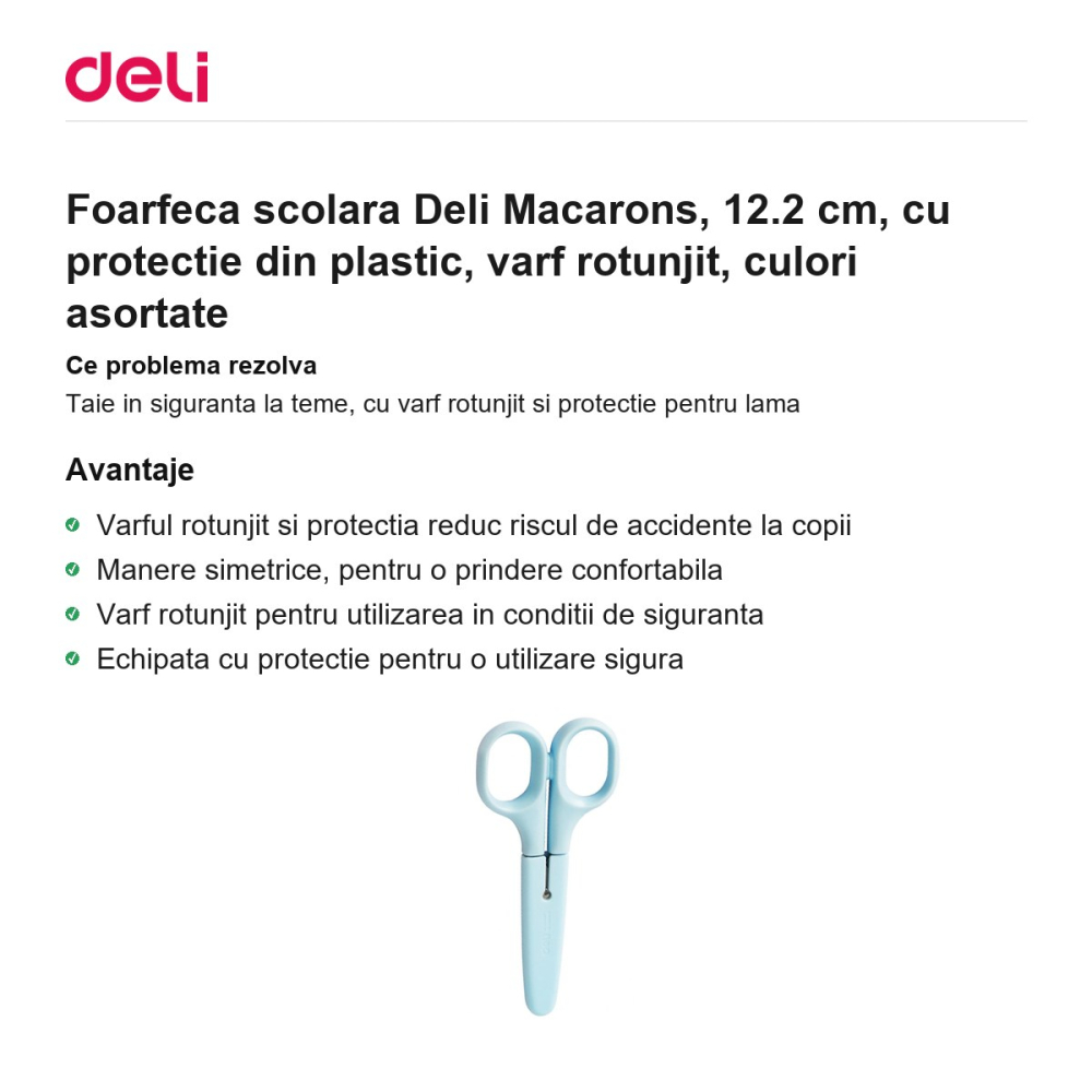 Foarfeca scolara Deli Macarons, 12.2 cm, cu protectie din plastic, varf rotunjit, culori asortate [2]