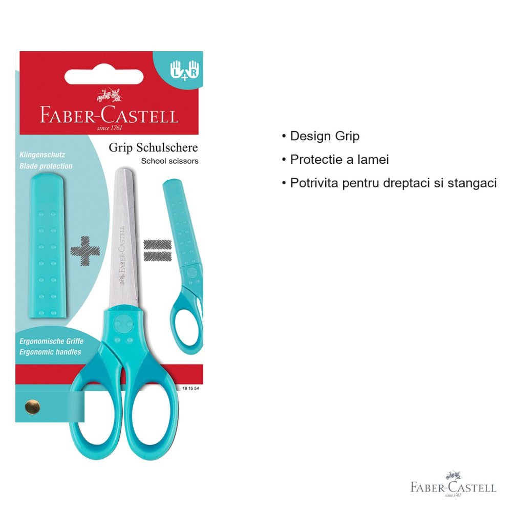 Foarfeca scolara Faber-Castell Grip, protectie lama, varf rotunjit, turcoaz, pentru copii dreptaci si stangaci [3]