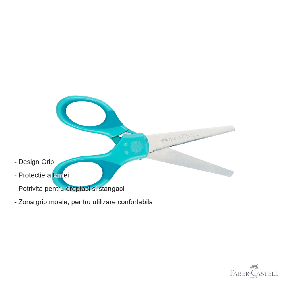 Foarfeca scolara Faber-Castell Grip, protectie lama, varf rotunjit, turcoaz, pentru copii dreptaci si stangaci [2]