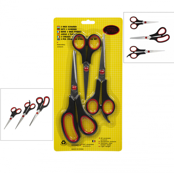Set 3 foarfece universale, cu lungimi de 140, 175 si 200mm, lame din otel inoxidabil, manere negre cu rosu [4]
