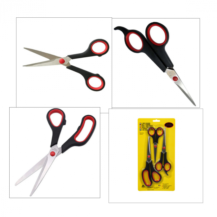 Set 3 foarfece universale, cu lungimi de 140, 175 si 200mm, lame din otel inoxidabil, manere negre cu rosu [3]