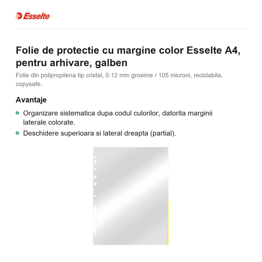 Folie de protectie cu margine color Esselte A4, pentru arhivare, galben [2]