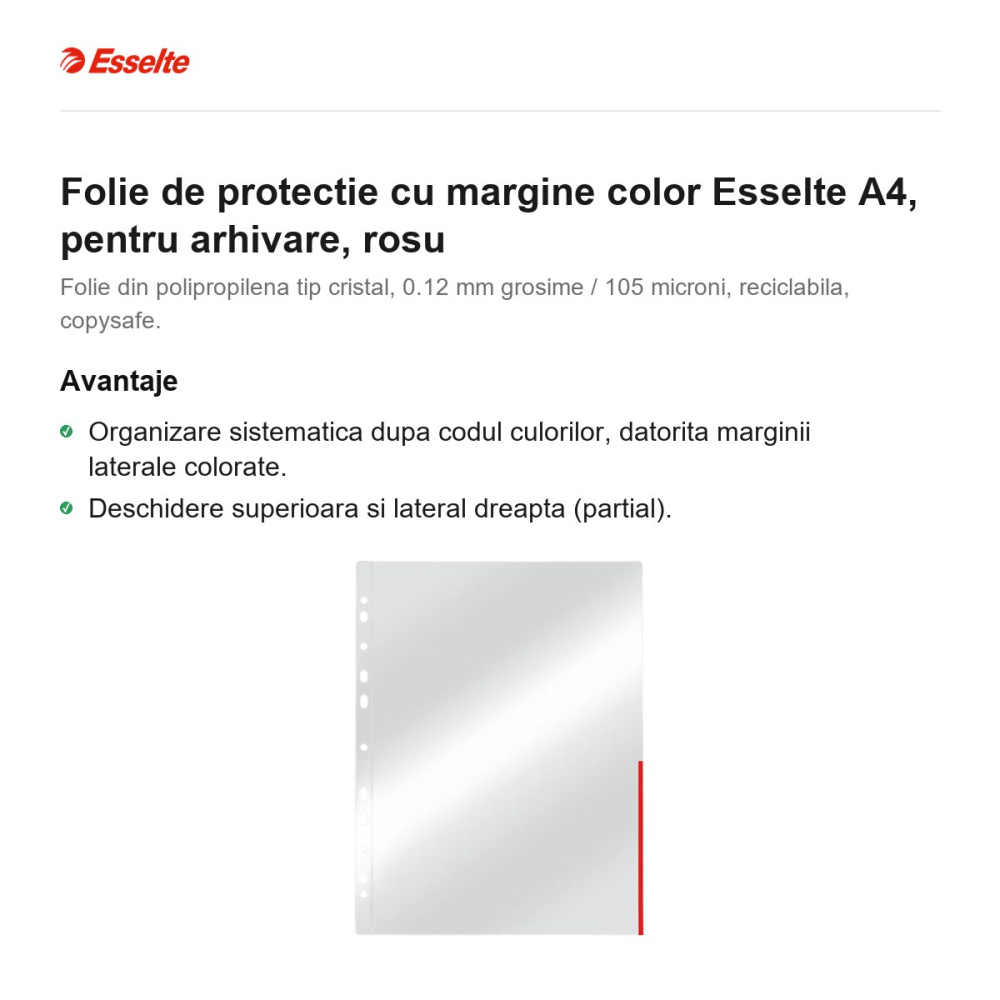 Folie de protectie cu margine color Esselte A4, pentru arhivare, rosu [2]