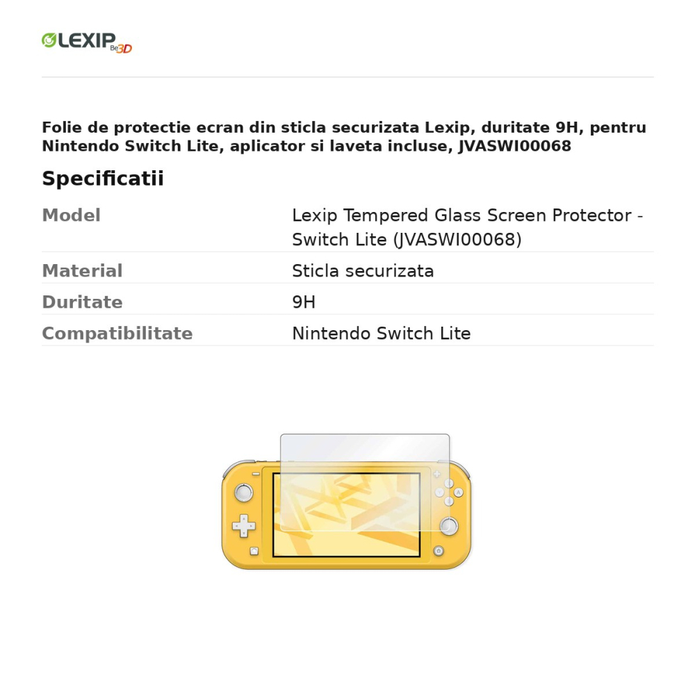 Folie de protectie ecran din sticla securizata Lexip, duritate 9H, pentru Nintendo Switch Lite, aplicator si laveta incluse, JVASWI00068 [3]