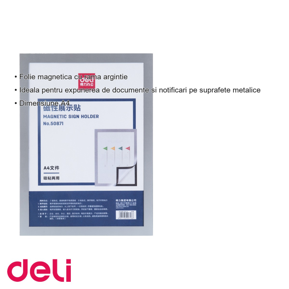 Folie magnetica Deli A4 cu rama argintie, pentru expunerea documentelor pe suprafete metalice [3]