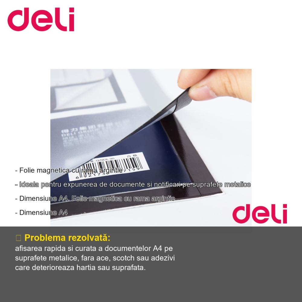 Folie magnetica Deli A4 cu rama argintie, pentru expunerea documentelor pe suprafete metalice [2]
