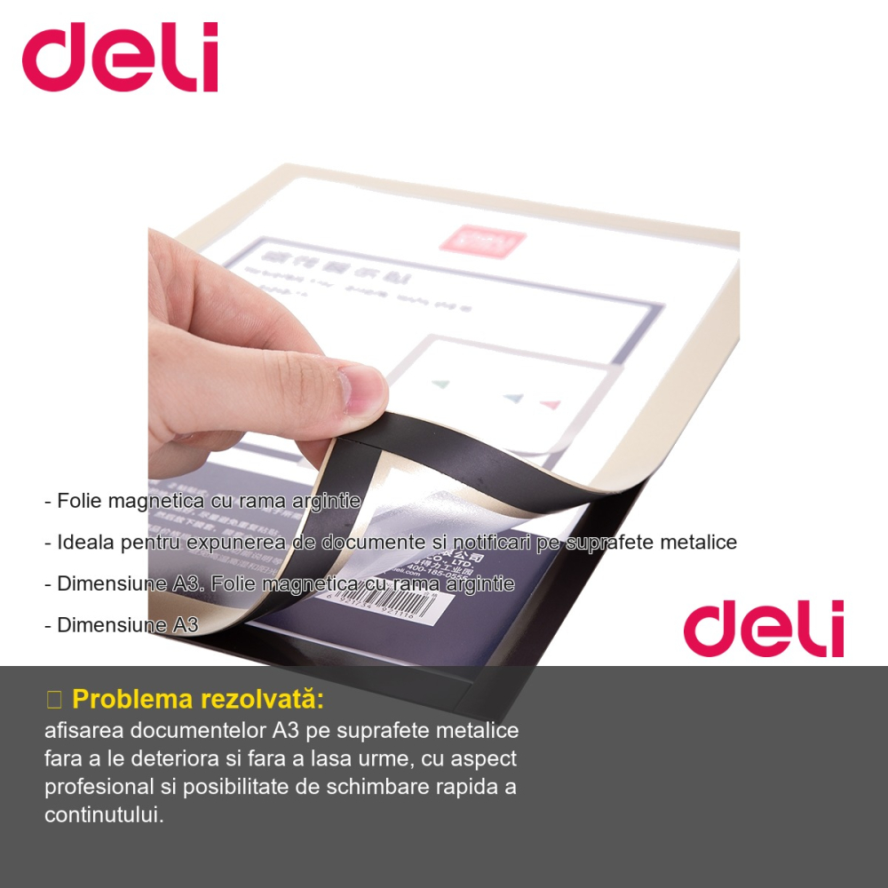 Folie magnetica Deli cu rama argintie, format A3, pentru expunerea documentelor pe suprafete metalice [2]