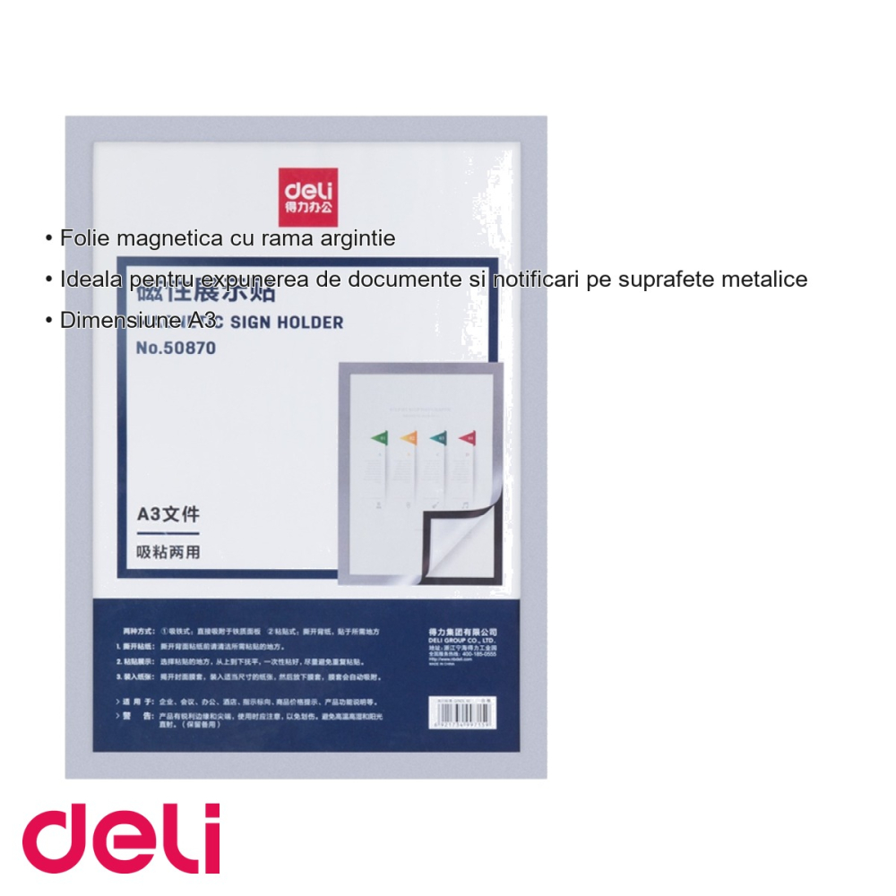 Folie magnetica Deli cu rama argintie, format A3, pentru expunerea documentelor pe suprafete metalice [3]