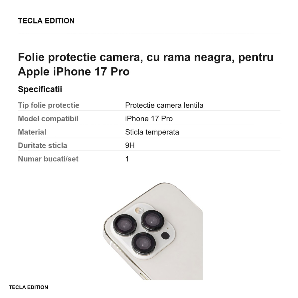 Folie protectie camera, cu rama neagra, pentru Apple iPhone 17 Pro [3]