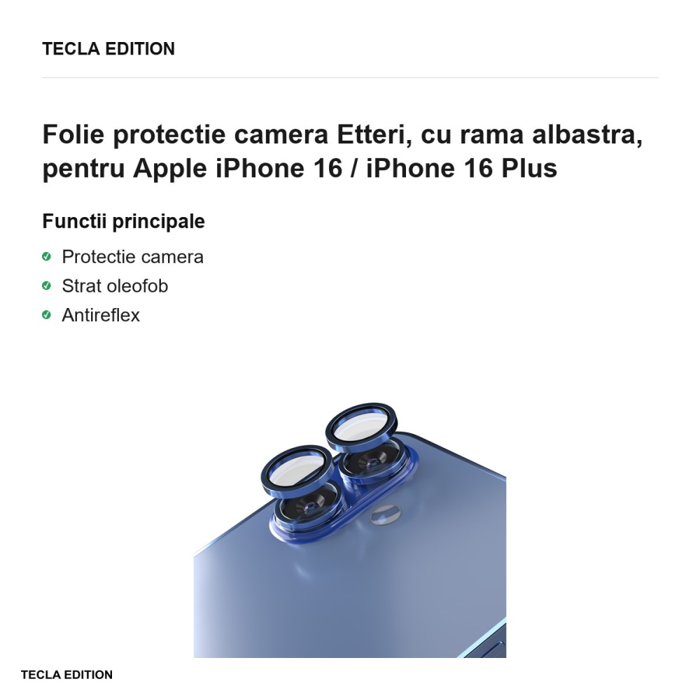 Folie protectie camera Etteri, cu rama albastra, pentru Apple iPhone 16 / iPhone 16 Plus [2]