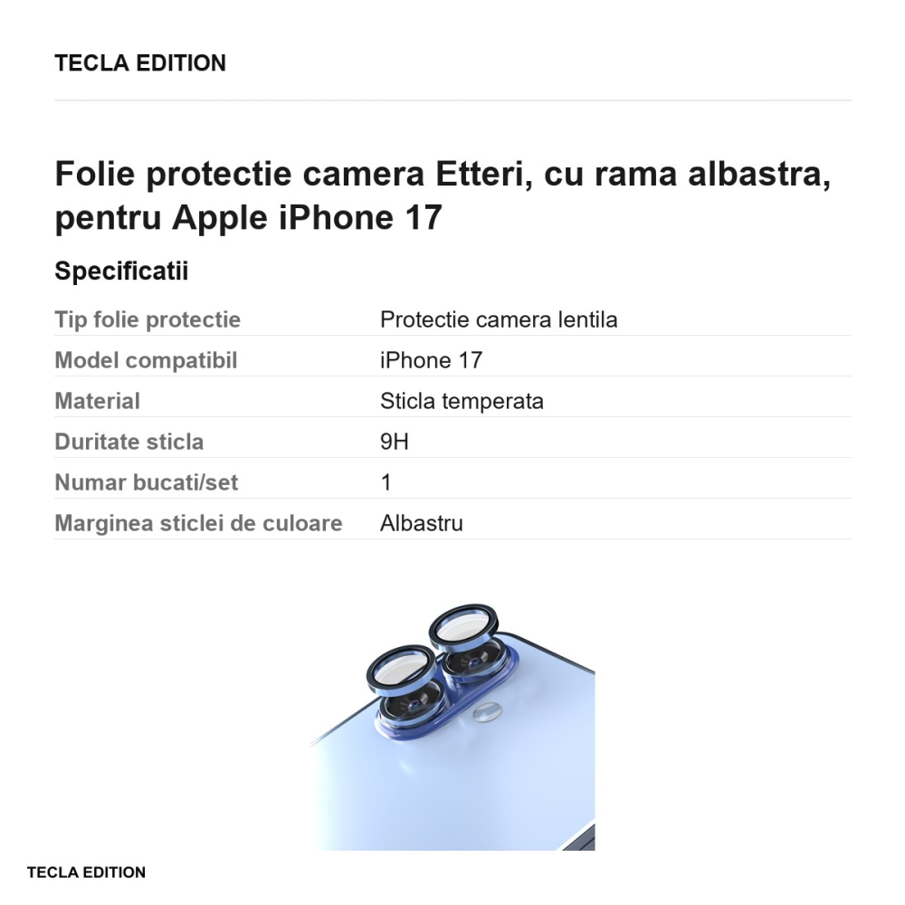 Folie protectie camera Etteri, cu rama albastra, pentru Apple iPhone 17 [3]