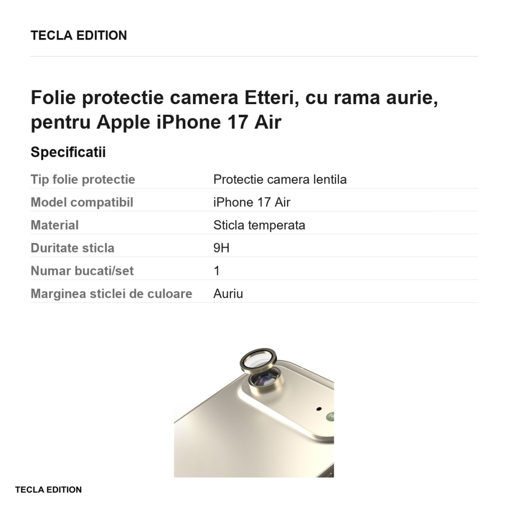Folie protectie camera Etteri, cu rama aurie, pentru Apple iPhone 17 Air [3]