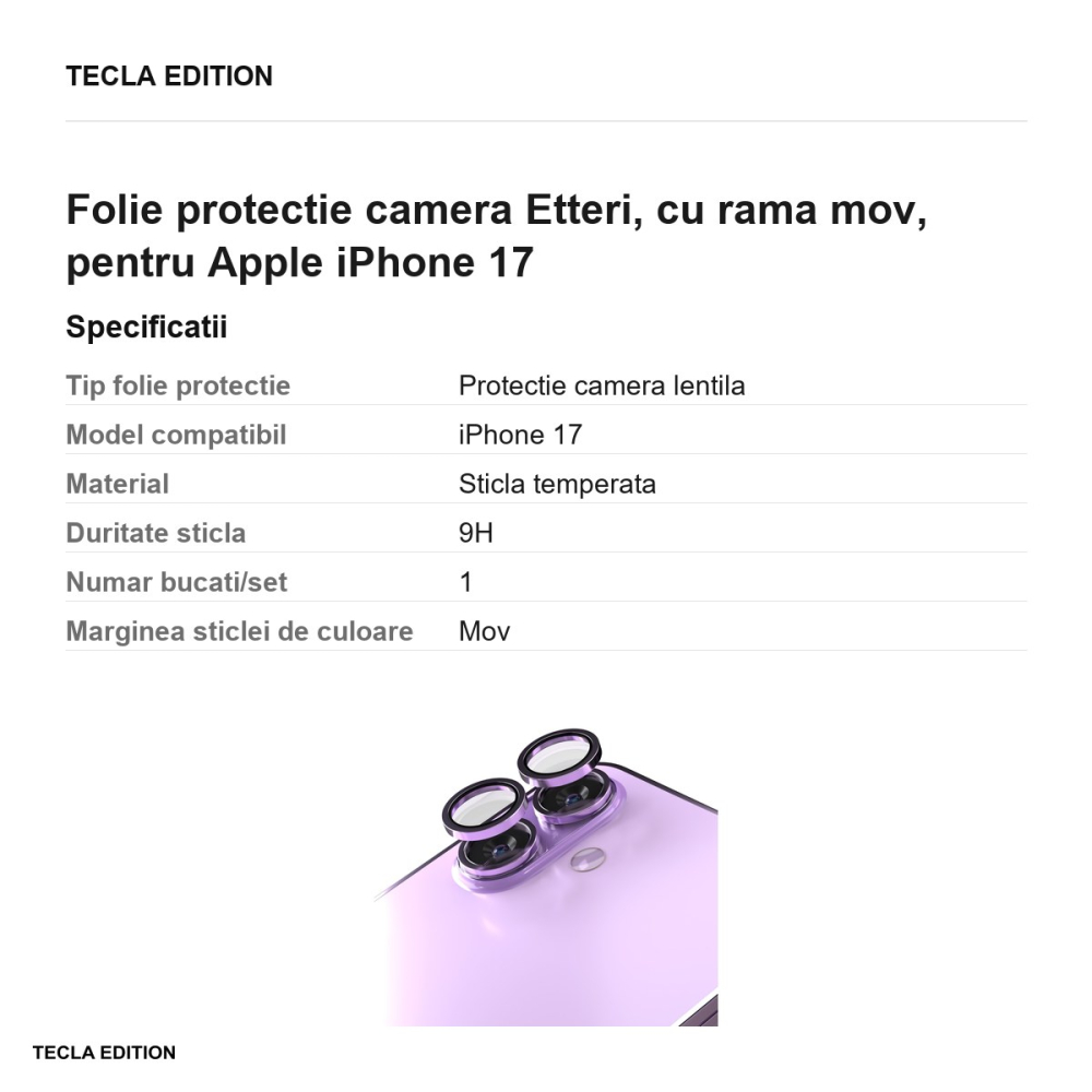 Folie protectie camera Etteri, cu rama mov, pentru Apple iPhone 17 [3]