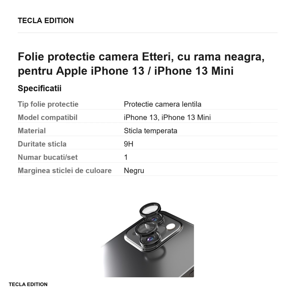 Folie protectie camera Etteri, cu rama neagra, pentru Apple iPhone 13 / iPhone 13 Mini [3]