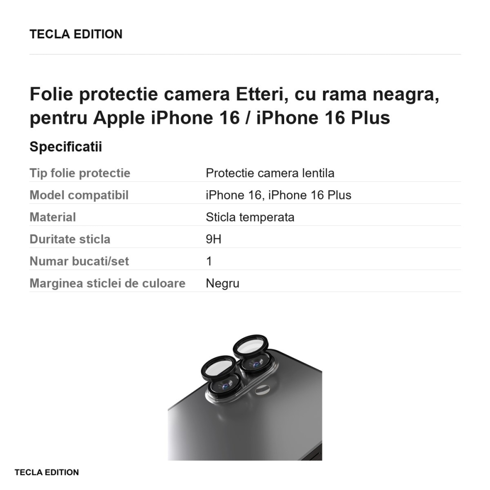 Folie protectie camera Etteri, cu rama neagra, pentru Apple iPhone 16 / iPhone 16 Plus [3]