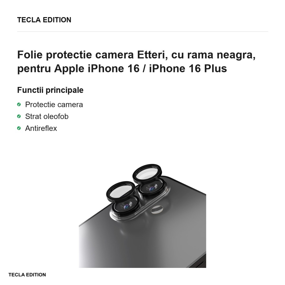 Folie protectie camera Etteri, cu rama neagra, pentru Apple iPhone 16 / iPhone 16 Plus [2]