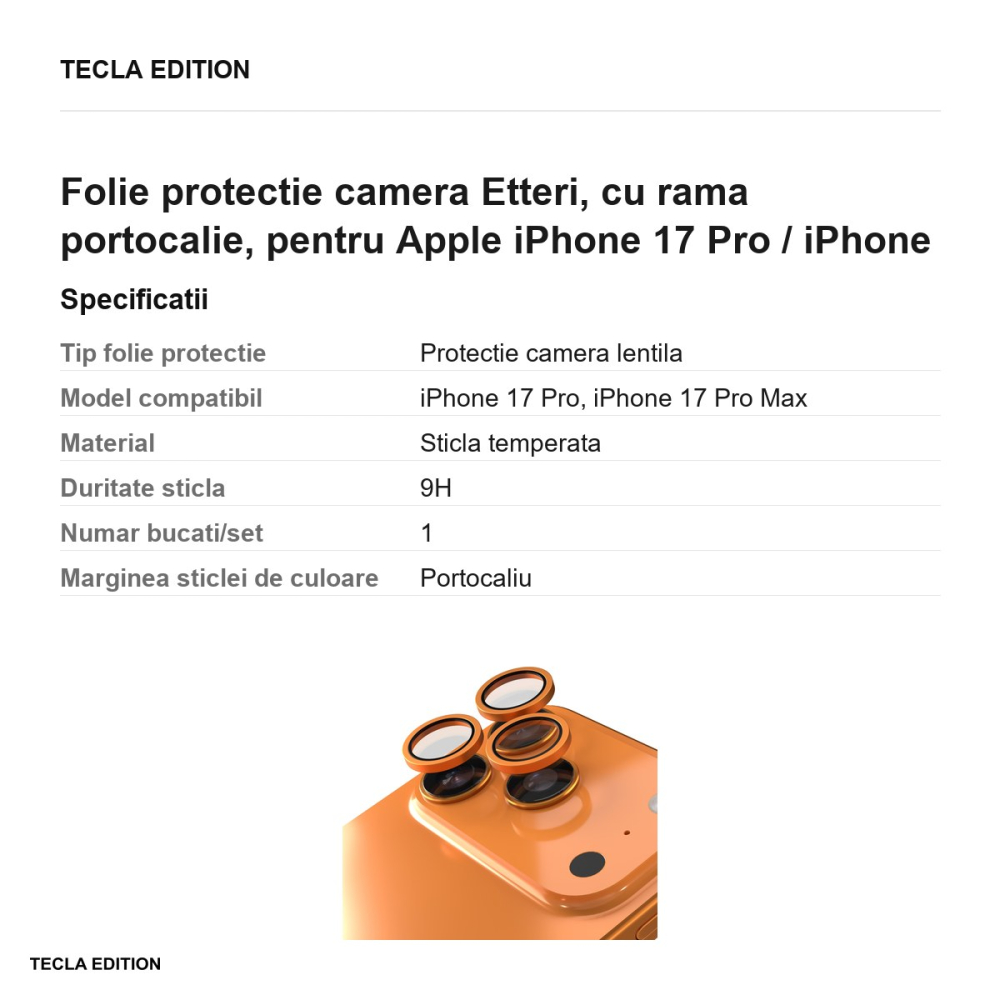 Folie protectie camera Etteri, cu rama portocalie, pentru Apple iPhone 17 Pro / iPhone 17 Pro Max [3]
