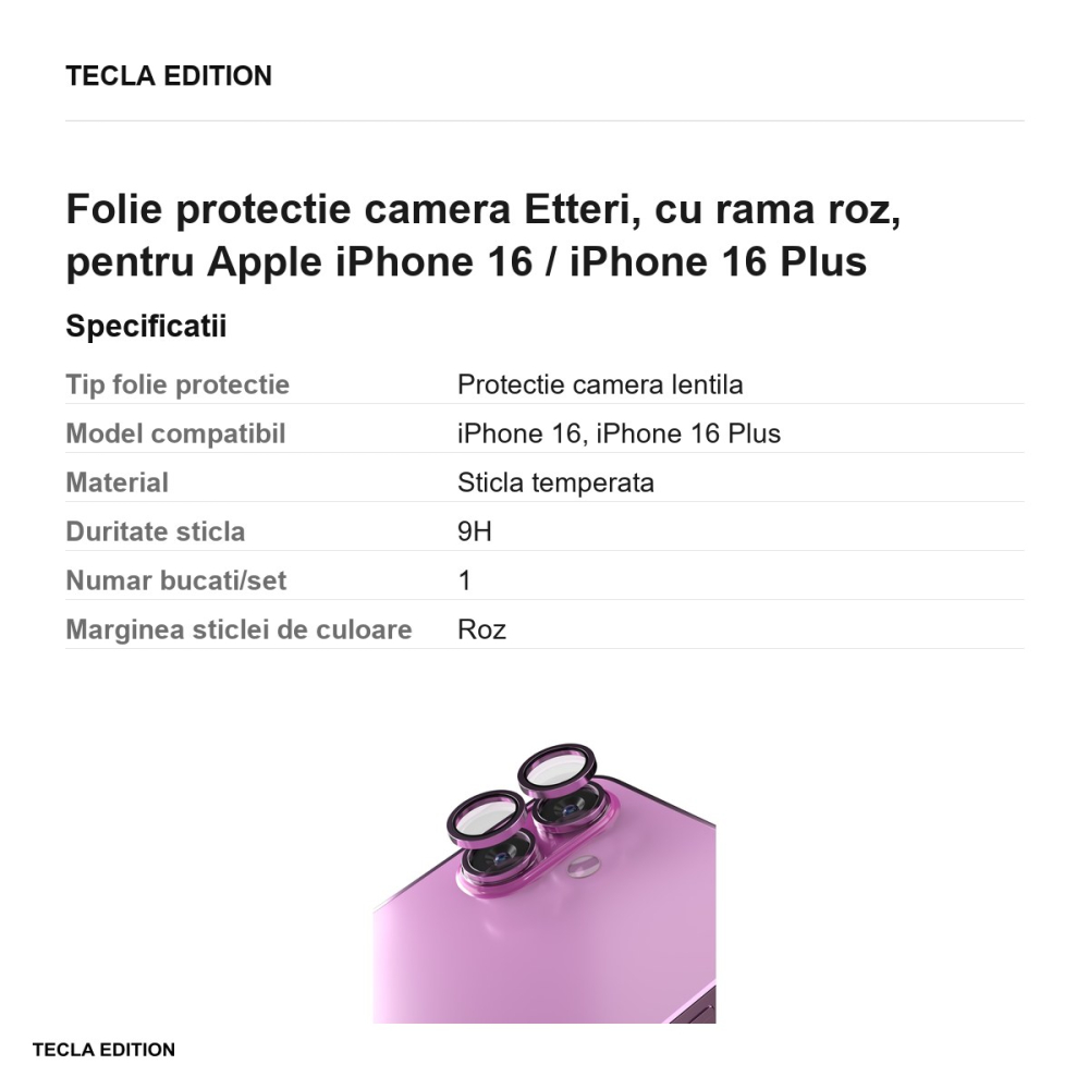 Folie protectie camera Etteri, cu rama roz, pentru Apple iPhone 16 / iPhone 16 Plus [3]