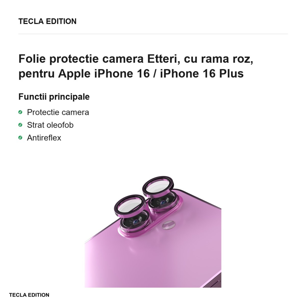 Folie protectie camera Etteri, cu rama roz, pentru Apple iPhone 16 / iPhone 16 Plus [2]