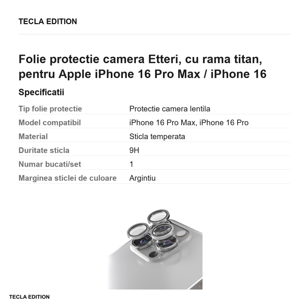 Folie protectie camera Etteri, cu rama titan, pentru Apple iPhone 16 Pro Max / iPhone 16 Pro [3]