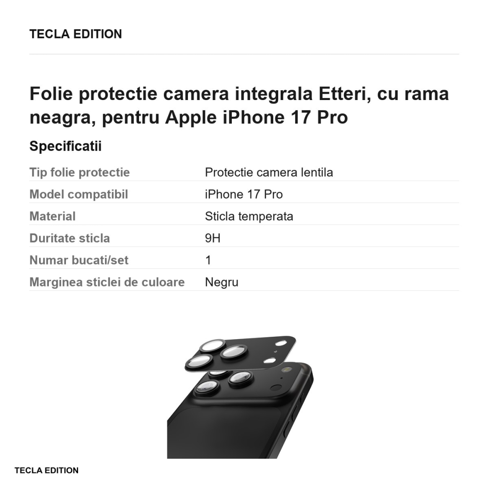 Folie protectie camera integrala Etteri, cu rama neagra, pentru Apple iPhone 17 Pro [3]