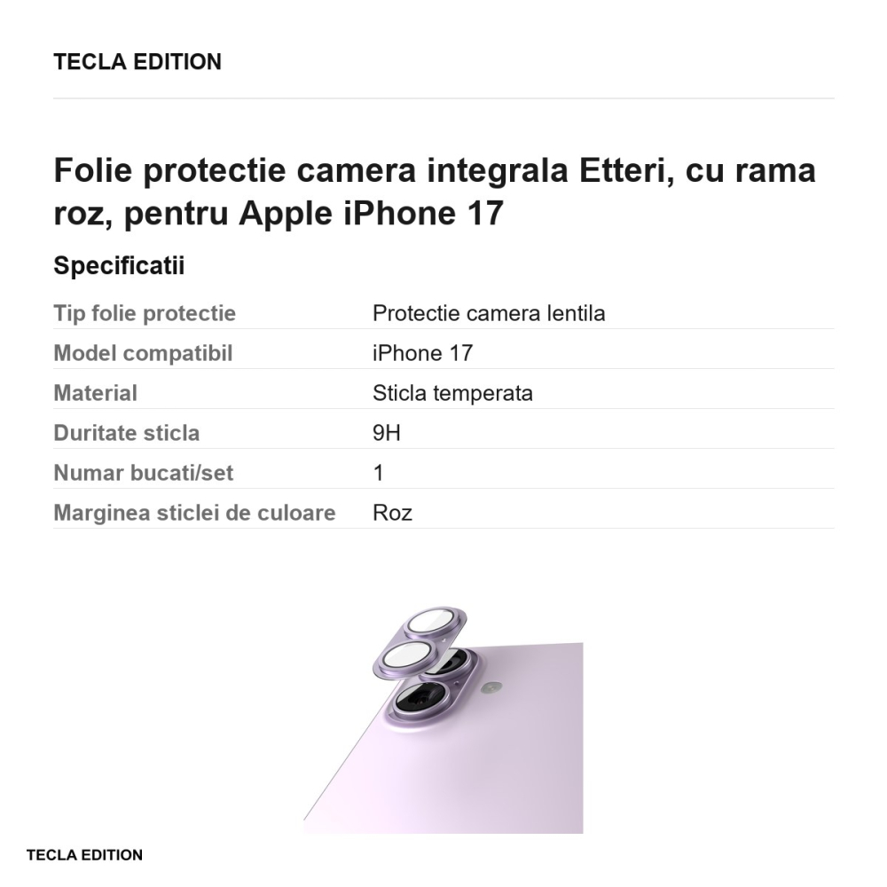 Folie protectie camera integrala Etteri, cu rama roz, pentru Apple iPhone 17 [3]