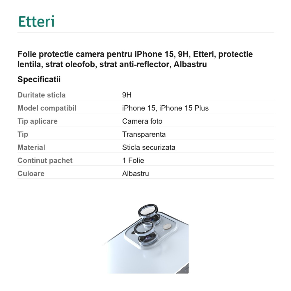 Folie protectie camera pentru iPhone 15, 9H, Etteri, protectie lentila, strat oleofob, strat anti-reflector, Albastru [3]