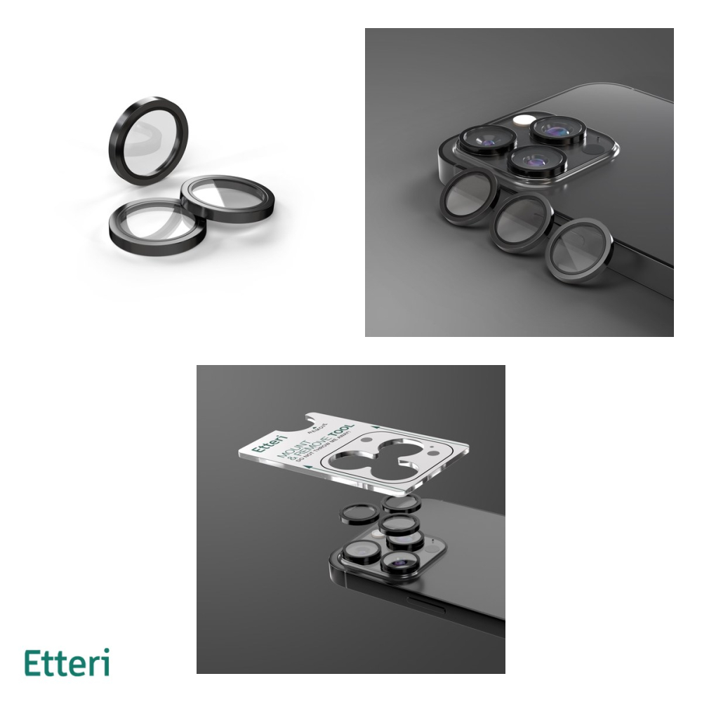 Folie protectie camera pentru iPhone 15 Pro, 9H, Etteri, protectie lentila, strat oleofob, strat anti-reflector, Negru [4]