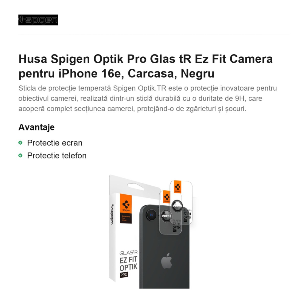 Folie protectie camera pentru iPhone 16e, Spigen, Optik Pro Glas.Tr Ez Fit [2]