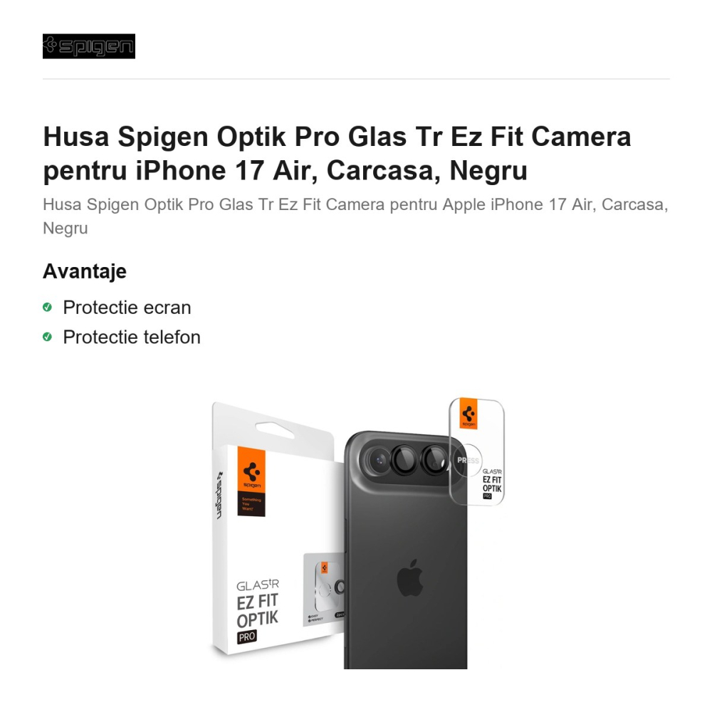 Folie protectie camera pentru iPhone 17 Air, Spigen, Optik Pro Glas.Tr Ez Fit [2]