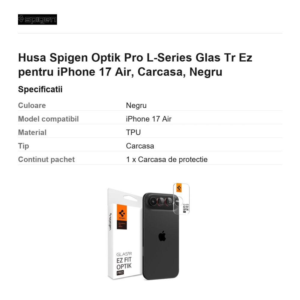 Folie protectie camera pentru iPhone 17 Air, Spigen, Optik Pro L-Series Glas.Tr Ez Fit [3]