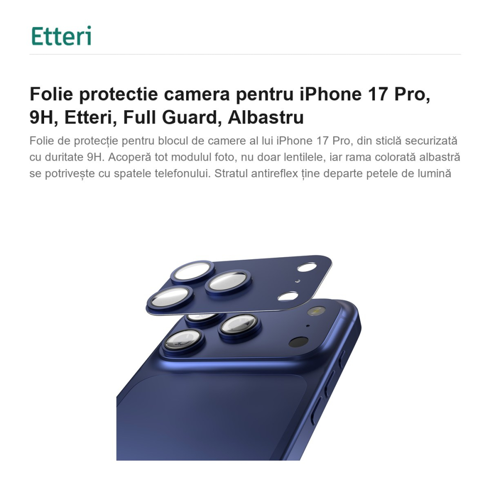 Folie protectie camera pentru iPhone 17 Pro, 9H, Etteri, Full Guard, Albastru [2]