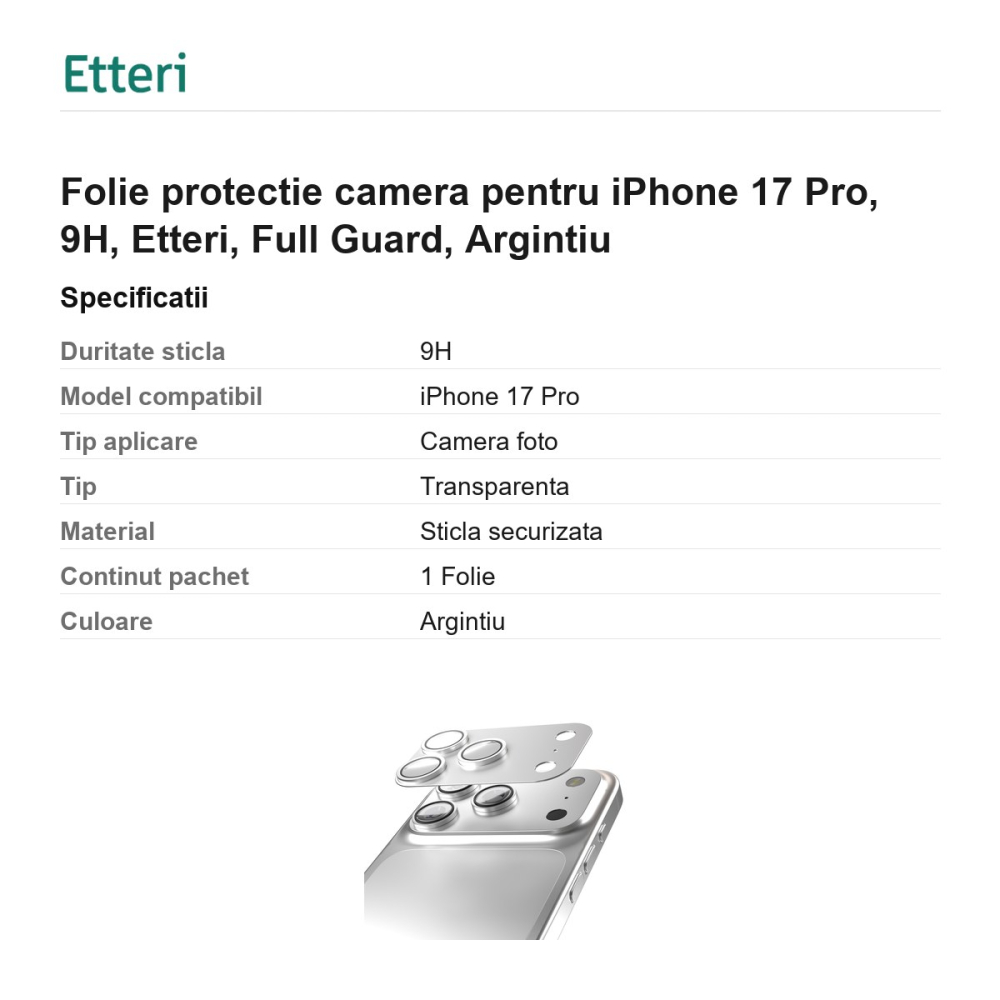 Folie protectie camera pentru iPhone 17 Pro, 9H, Etteri, Full Guard, Argintiu [3]