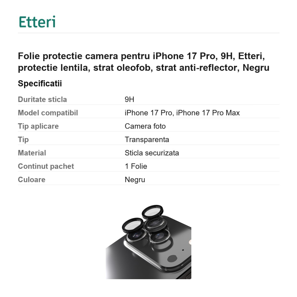 Folie protectie camera pentru iPhone 17 Pro, 9H, Etteri, protectie lentila, strat oleofob, strat anti-reflector, Negru [3]