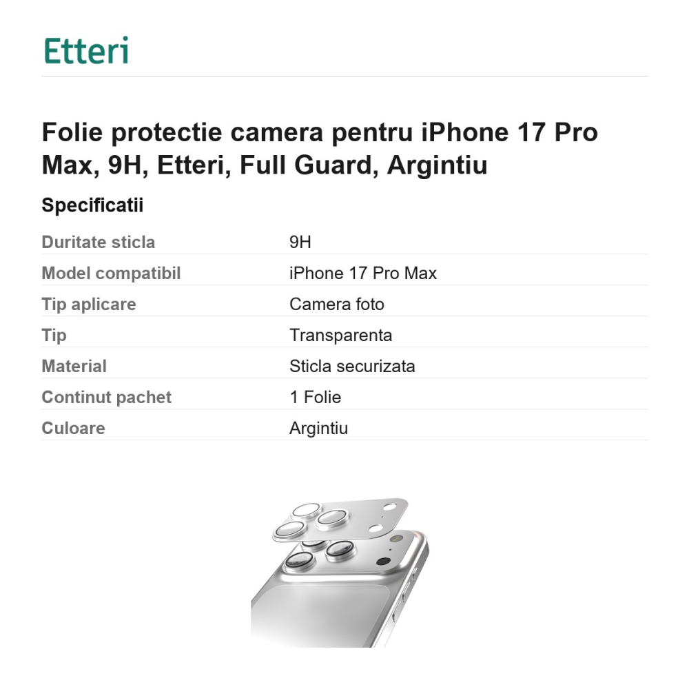 Folie protectie camera pentru iPhone 17 Pro Max, 9H, Etteri, Full Guard, Argintiu [3]