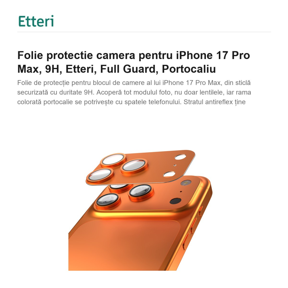 Folie protectie camera pentru iPhone 17 Pro Max, 9H, Etteri, Full Guard, Portocaliu [2]