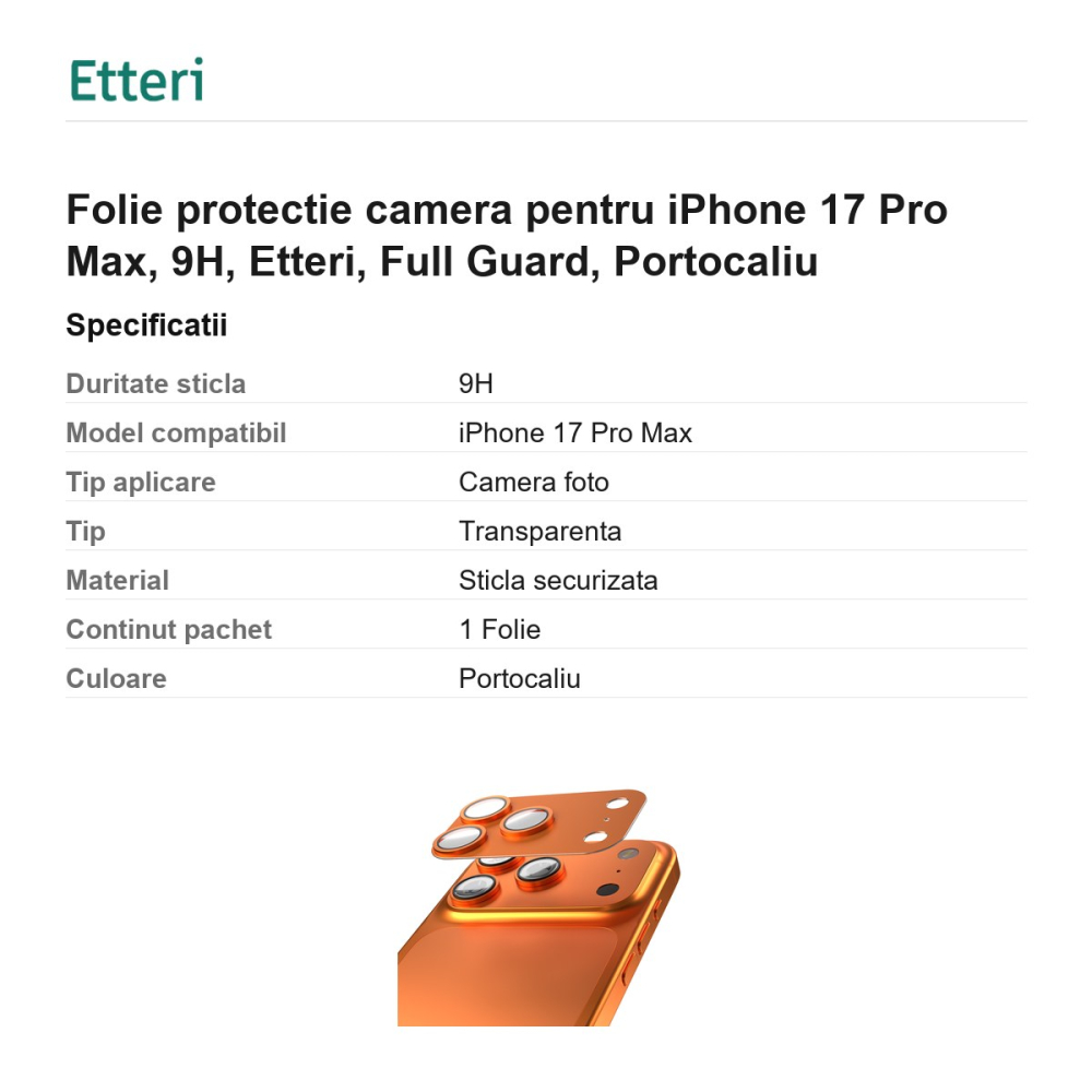Folie protectie camera pentru iPhone 17 Pro Max, 9H, Etteri, Full Guard, Portocaliu [3]