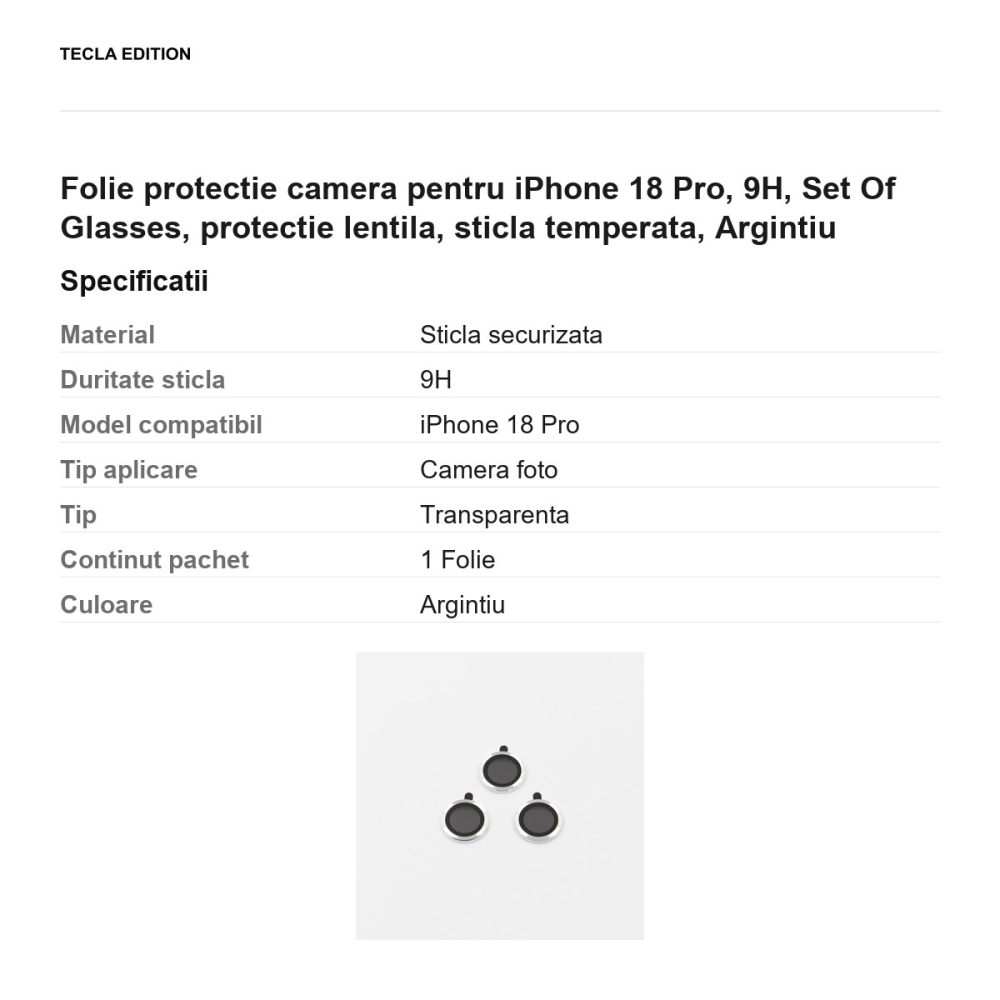 Folie protectie camera pentru iPhone 18 Pro, 9H, Set Of Glasses, protectie lentila, sticla temperata, Argintiu [3]