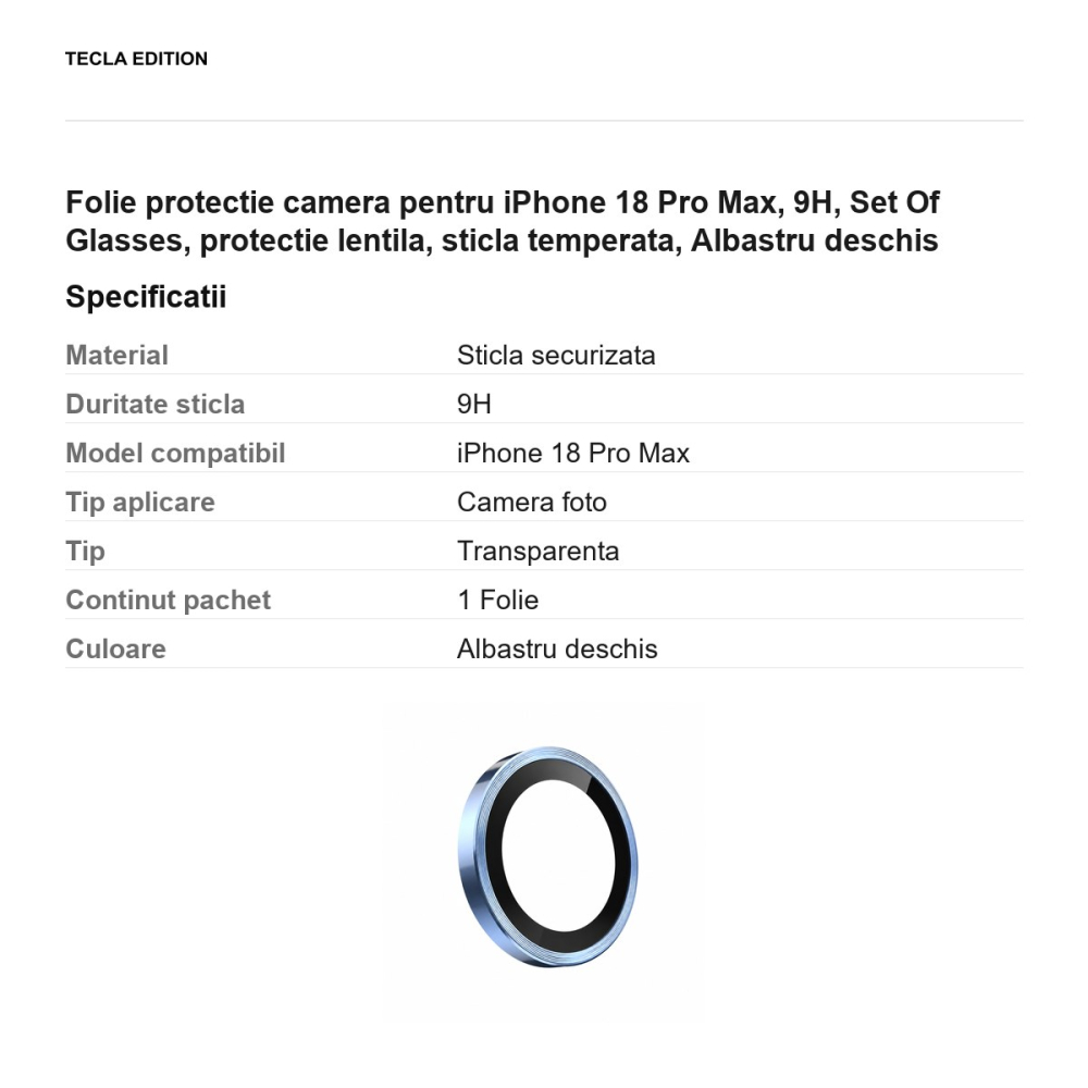 Folie protectie camera pentru iPhone 18 Pro Max, 9H, Set Of Glasses, protectie lentila, sticla temperata, Albastru deschis [3]