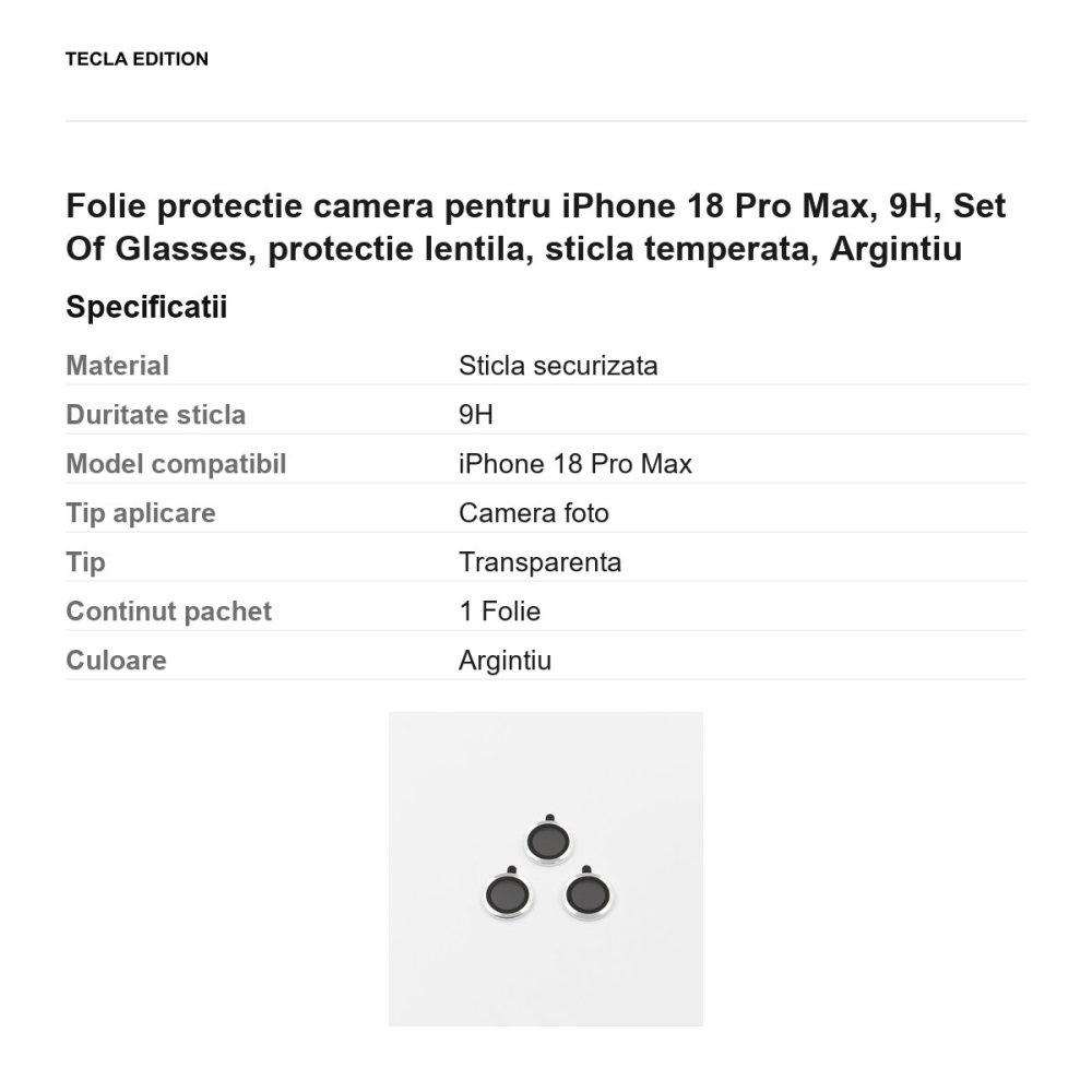 Folie protectie camera pentru iPhone 18 Pro Max, 9H, Set Of Glasses, protectie lentila, sticla temperata, Argintiu [3]