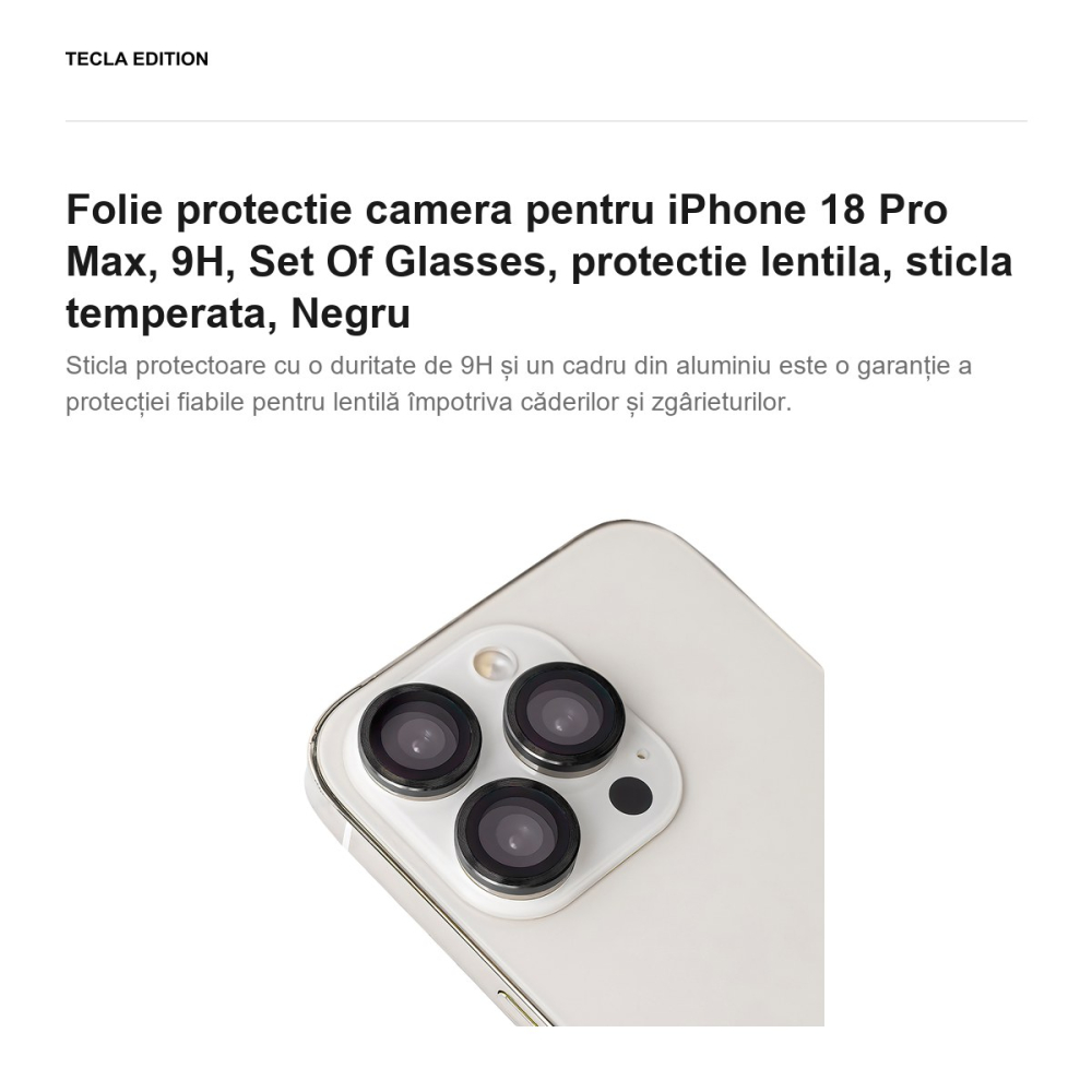 Folie protectie camera pentru iPhone 18 Pro Max, 9H, Set Of Glasses, protectie lentila, sticla temperata, Negru [2]