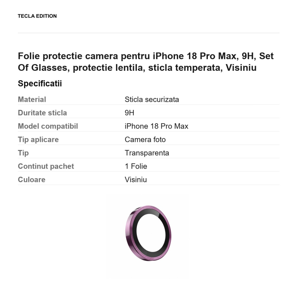 Folie protectie camera pentru iPhone 18 Pro Max, 9H, Set Of Glasses, protectie lentila, sticla temperata, Visiniu [3]