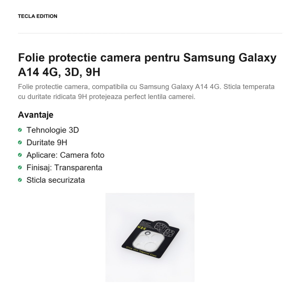 Folie protectie camera pentru Samsung Galaxy A14 4G, 3D, 9H [2]